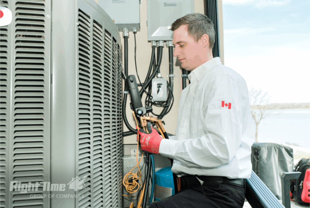 HVAC technician servicing a 20-year-old heating and cooling system with professional tools near a lakeside home in Waterloo Region, Ontario
