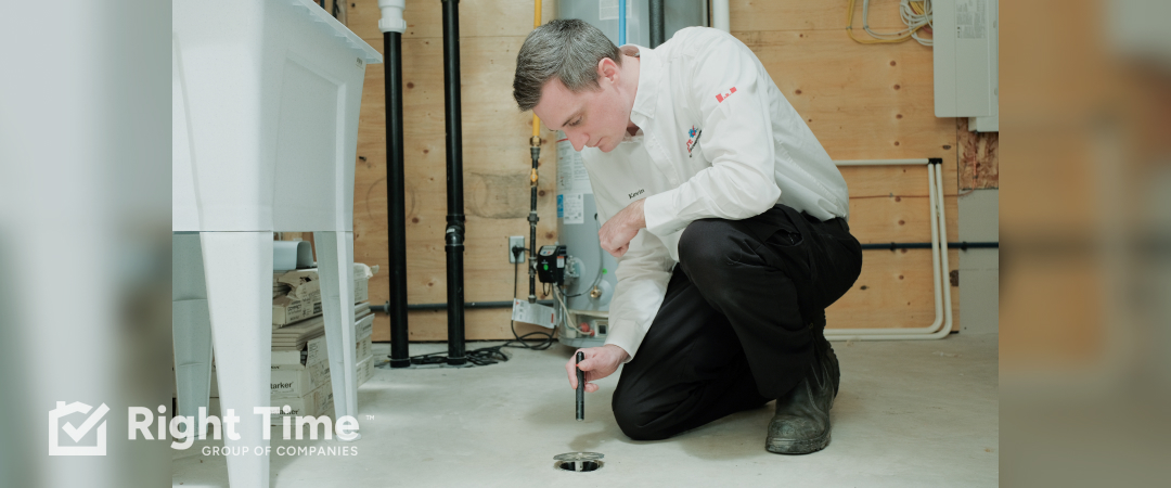 HVAC technician in uniform inspecting floor drain for water heater expansion tank leak repair in Waterloo Region garage plumbing maintenance